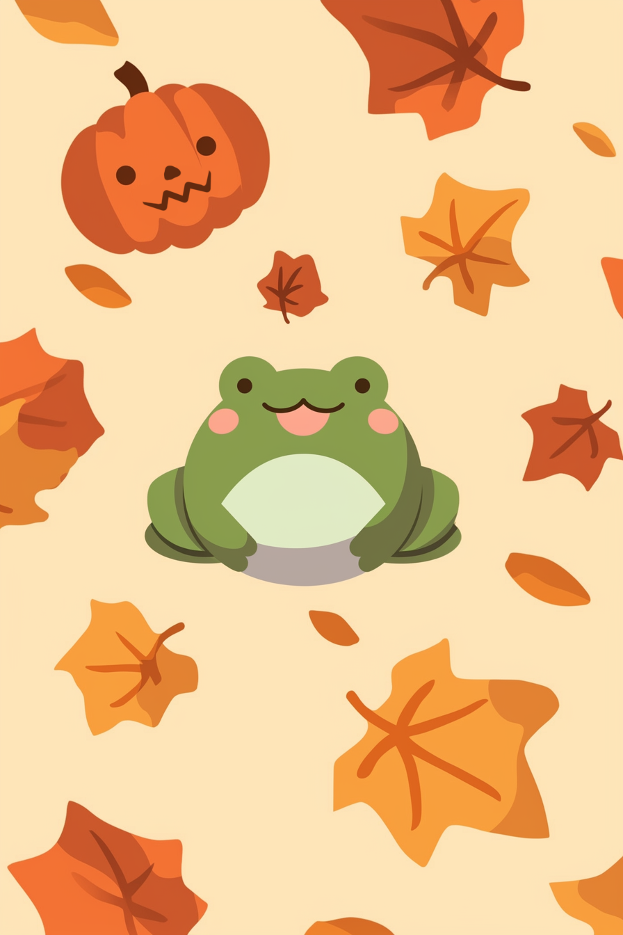 Halloween frog drawing ideas 2 featuring a cute green frog surrounded by scattered autumn leaves and a jack-o'-lantern.